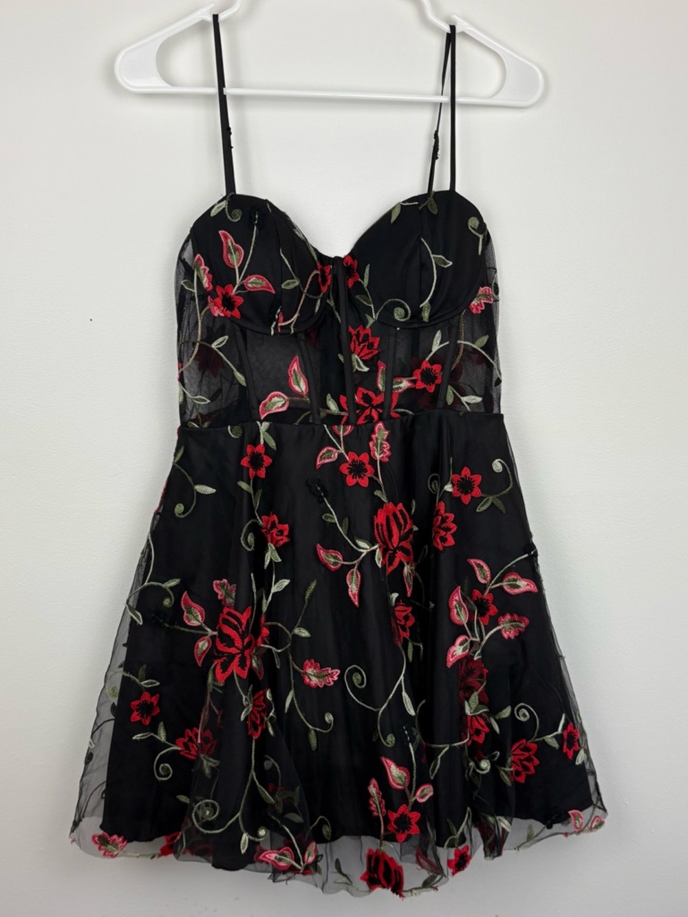 B. Darlin Black Mesh Dress w/ Red Floral Embroidery & Corset Top sz 9/10 fairy - Picture 3 of 13